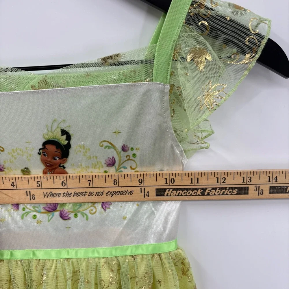 Disney Tiana Nightgown Kids Size 6 Green Yellow Princess Frog Glitter Sleepwear